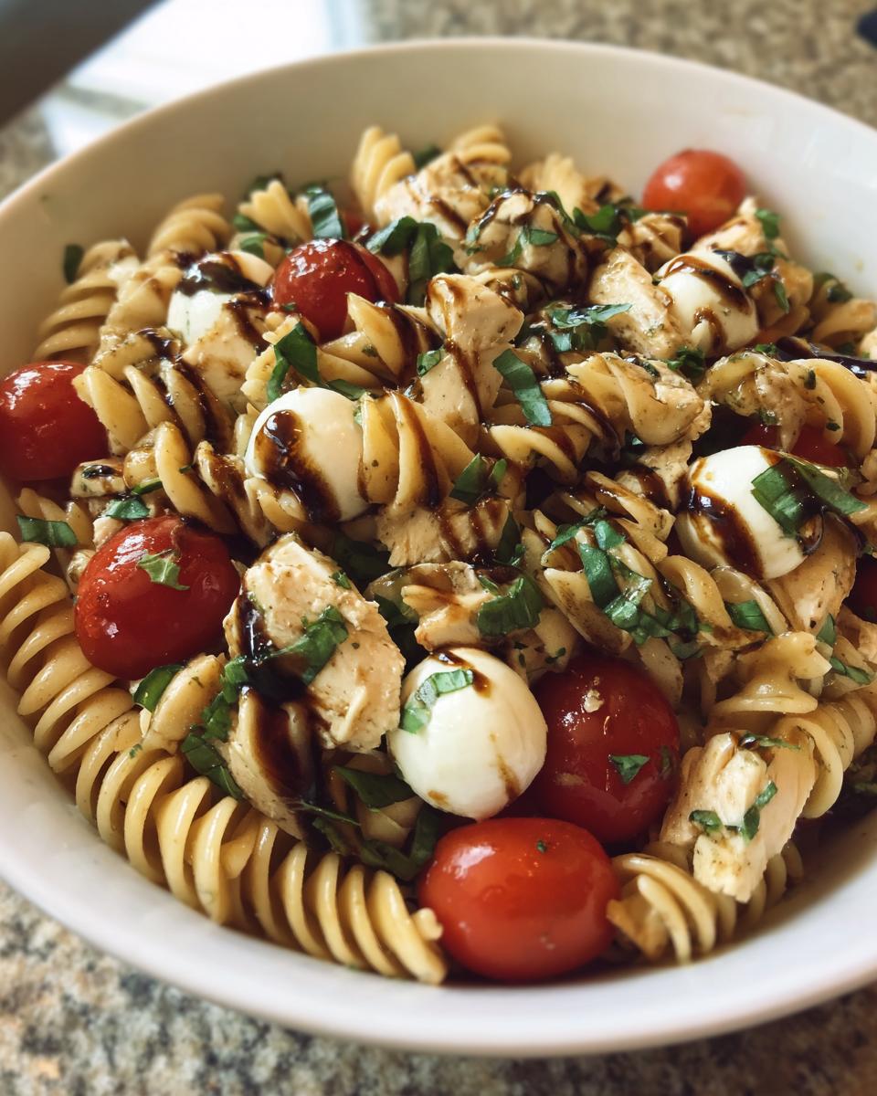 Close-up of a white bowl filled with caprese chicken pasta salad, featuring rotini pasta, mozzarella balls, tomatoes, and balsamic glaze.