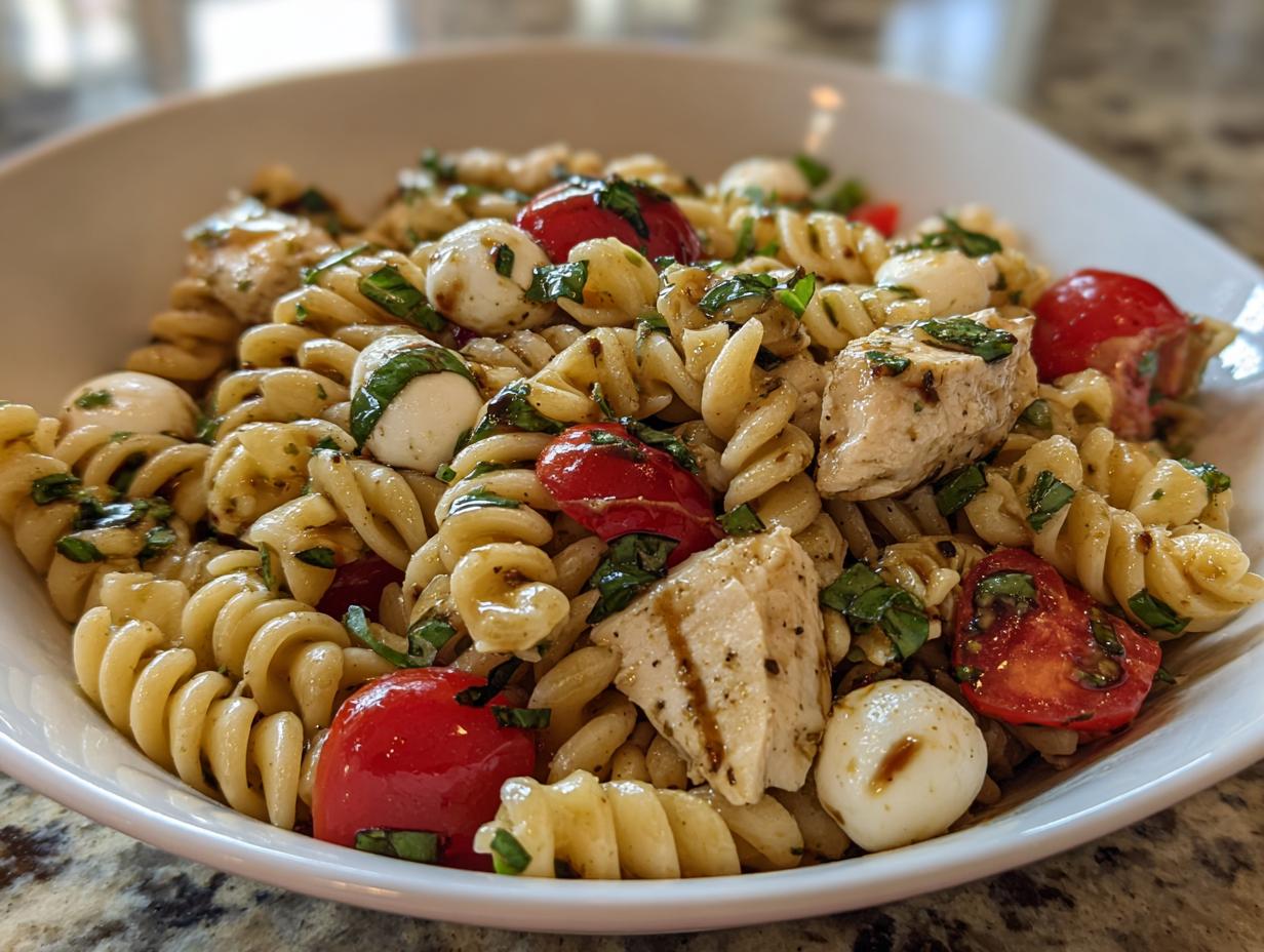 Close-up of amazing caprese chicken pasta salad featuring fusilli, chicken chunks, mozzarella balls, and tomatoes.