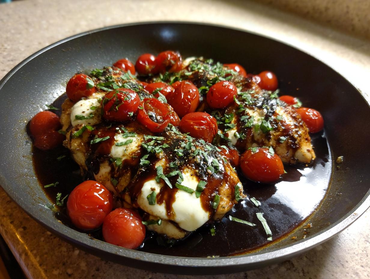Close-up of cooked caprese chicken skillet topped with melted mozzarella, roasted cherry tomatoes, and balsamic glaze.