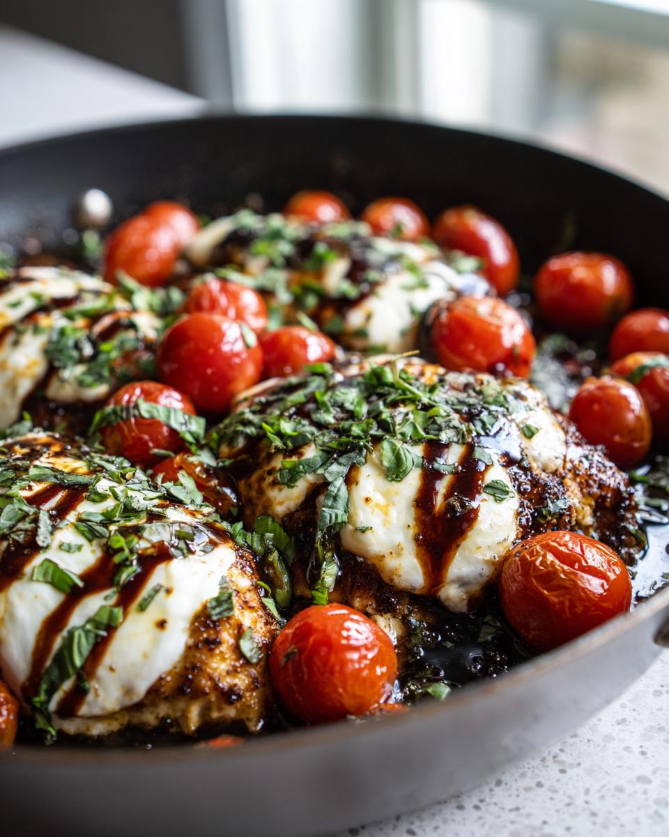 Close-up of cooked caprese chicken skillet topped with melted mozzarella, roasted tomatoes, and fresh basil.