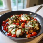 Four servings of Caprese chicken skillet topped with melted mozzarella, balsamic glaze, and fresh basil in a black pan.
