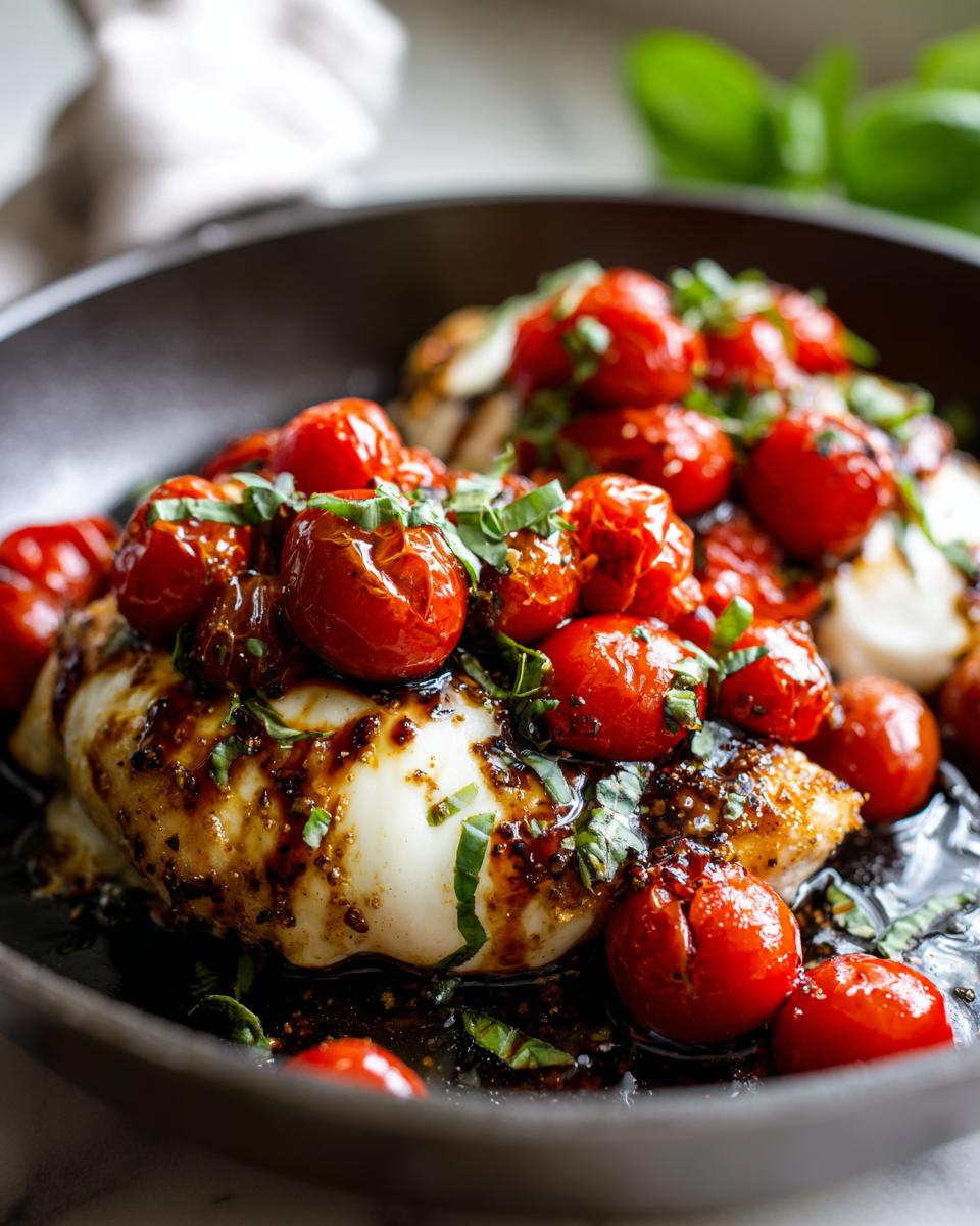 A close-up view of a piece of Caprese chicken skillet topped with melted mozzarella, roasted cherry tomatoes, and fresh basil.