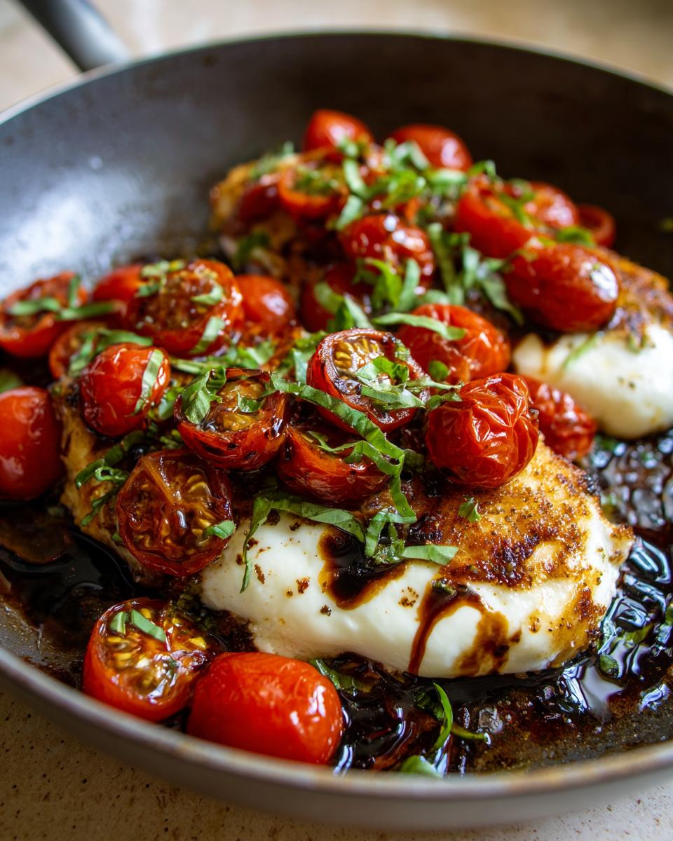Close-up of seared chicken topped with melted mozzarella, roasted cherry tomatoes, and fresh basil in a skillet, part of the caprese chicken skillet.