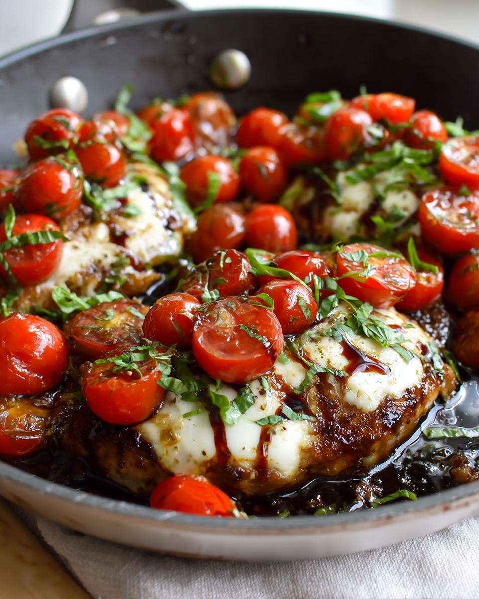 Close-up of juicy Caprese chicken skillet topped with melted mozzarella, cherry tomatoes, and basil.