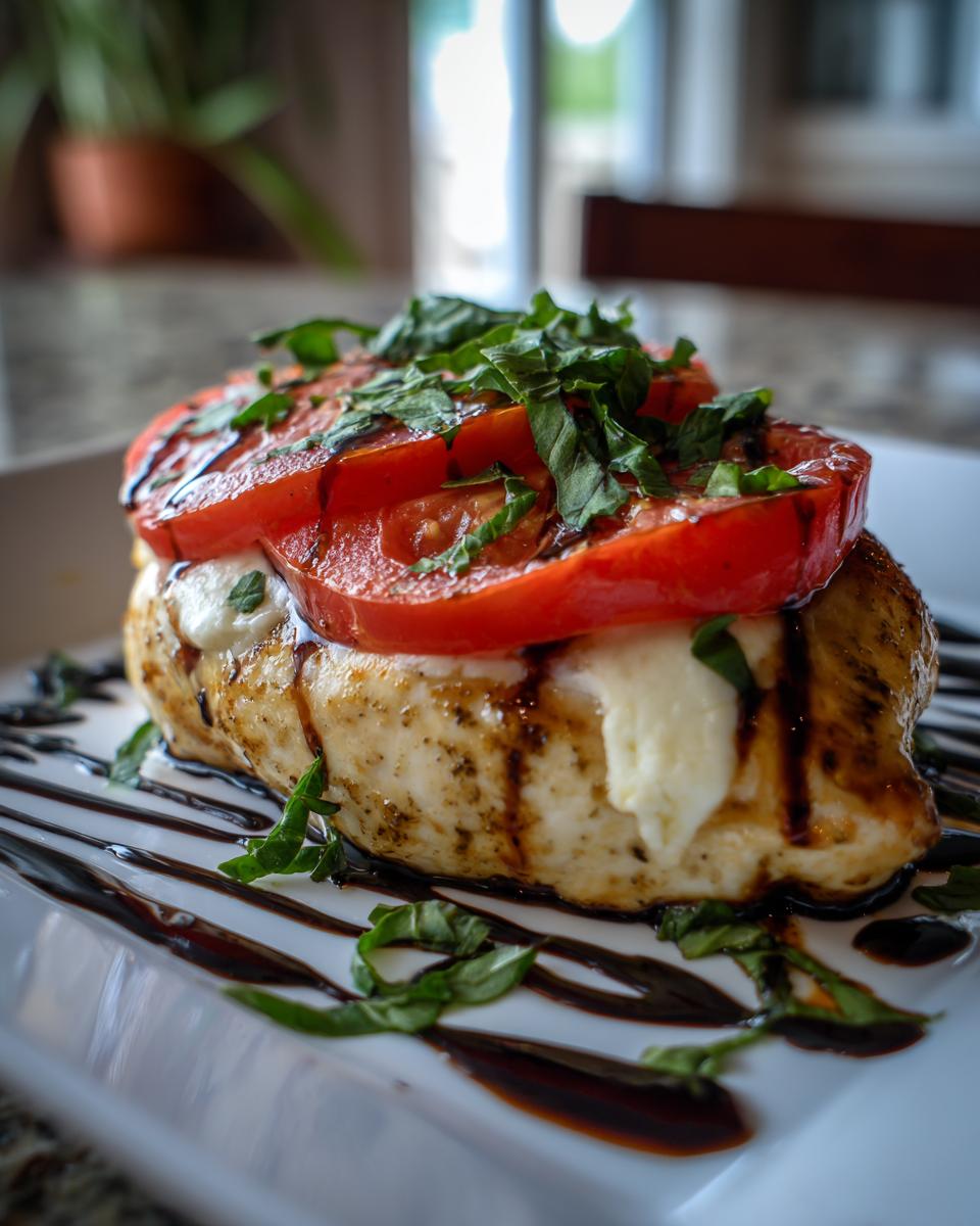 Close-up of a perfectly cooked Caprese chicken breast topped with melted mozzarella, sliced tomatoes, and fresh basil.
