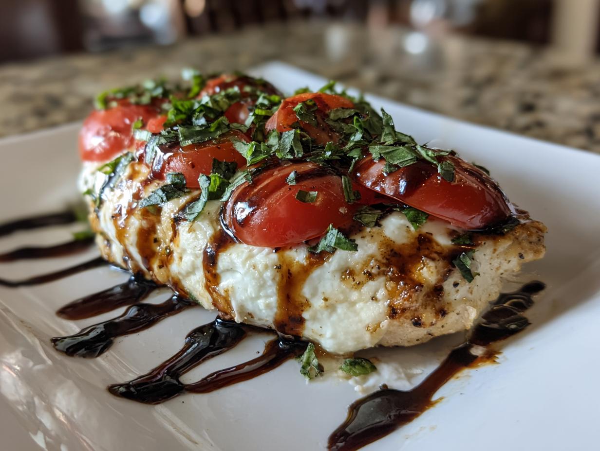 A juicy piece of Caprese chicken topped with melted mozzarella, cherry tomatoes, basil, and balsamic glaze.