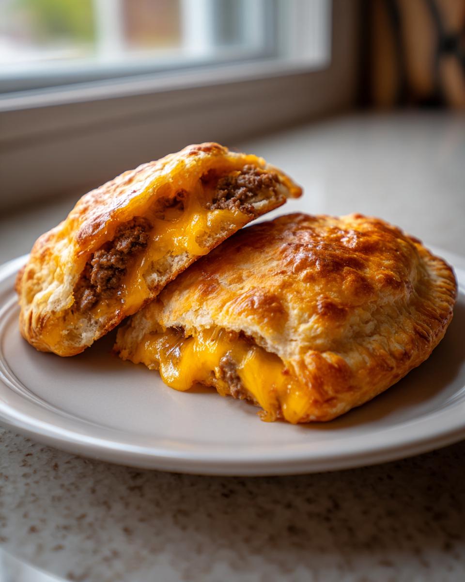Two halves of golden baked cheeseburger pockets biscuits showing melted cheddar cheese and ground beef filling.