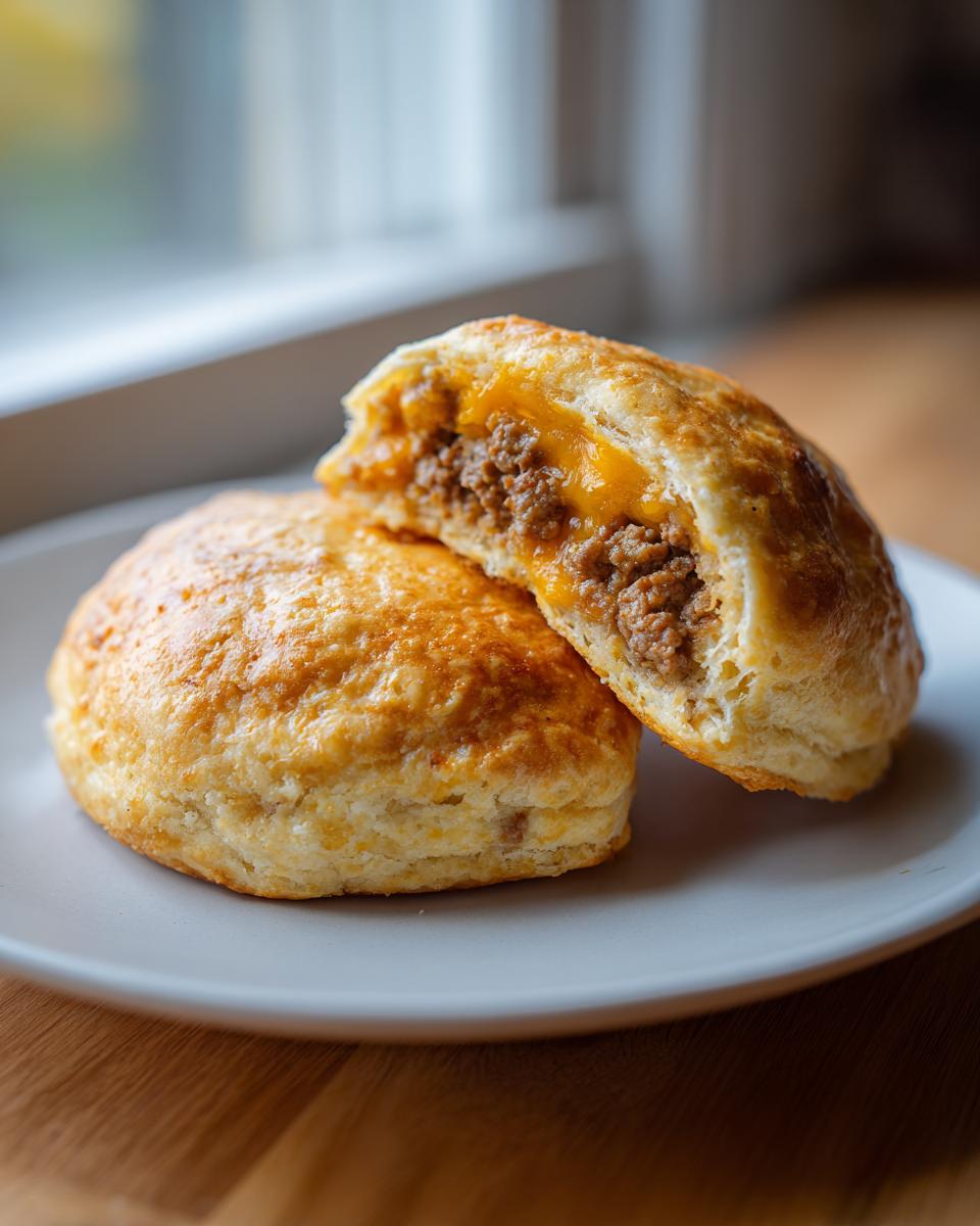 Two golden brown cheeseburger pockets biscuits on a plate, one cut in half showing ground beef and melted cheese filling.