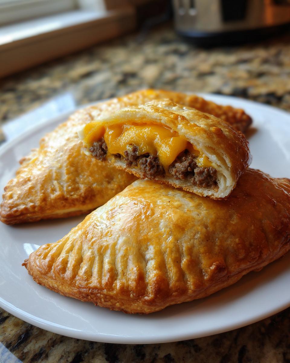 Close-up of golden baked cheeseburger pockets biscuits, one cut open showing ground beef and melted cheddar cheese.