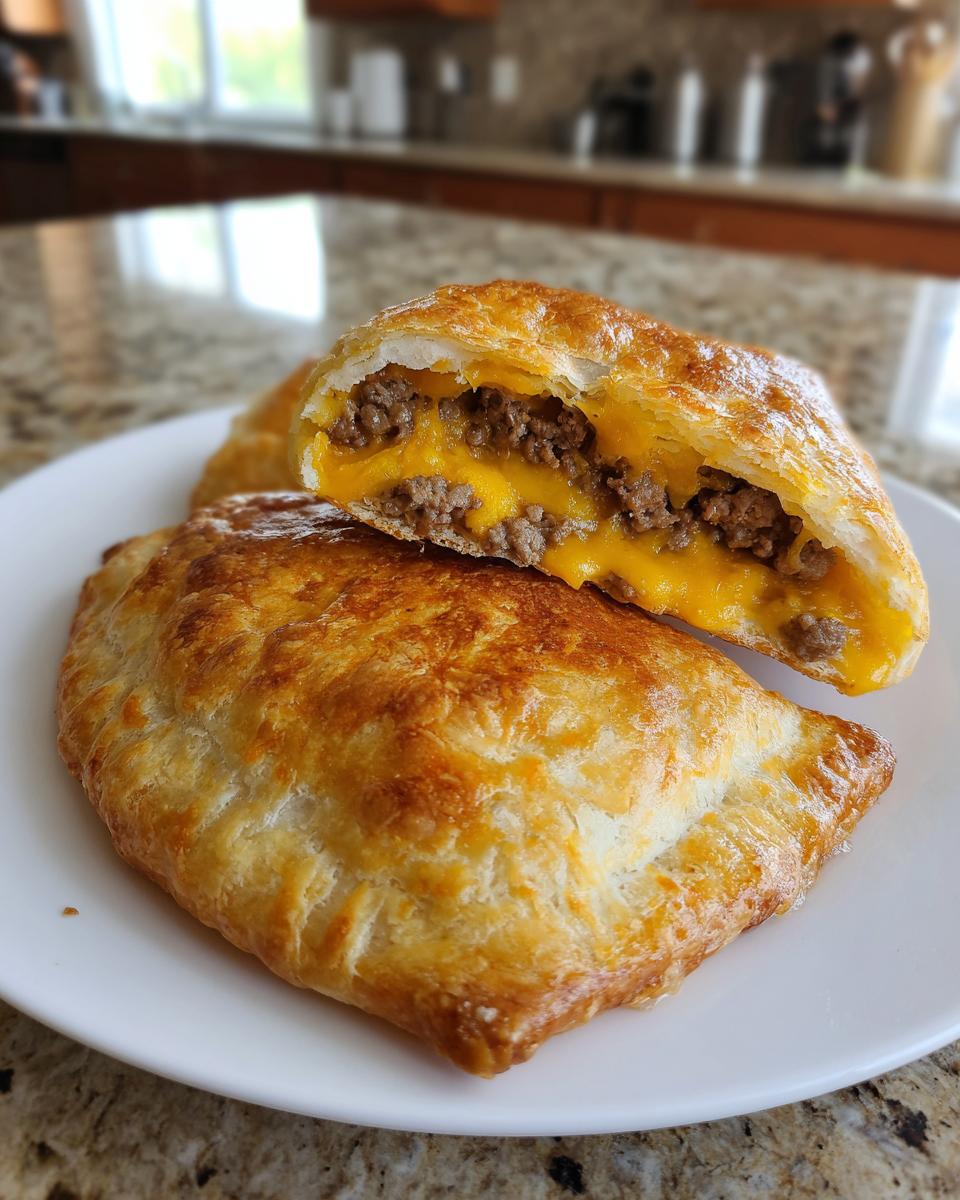 Close-up of golden baked cheeseburger pockets biscuits, one cut open revealing ground beef and melted cheddar cheese.