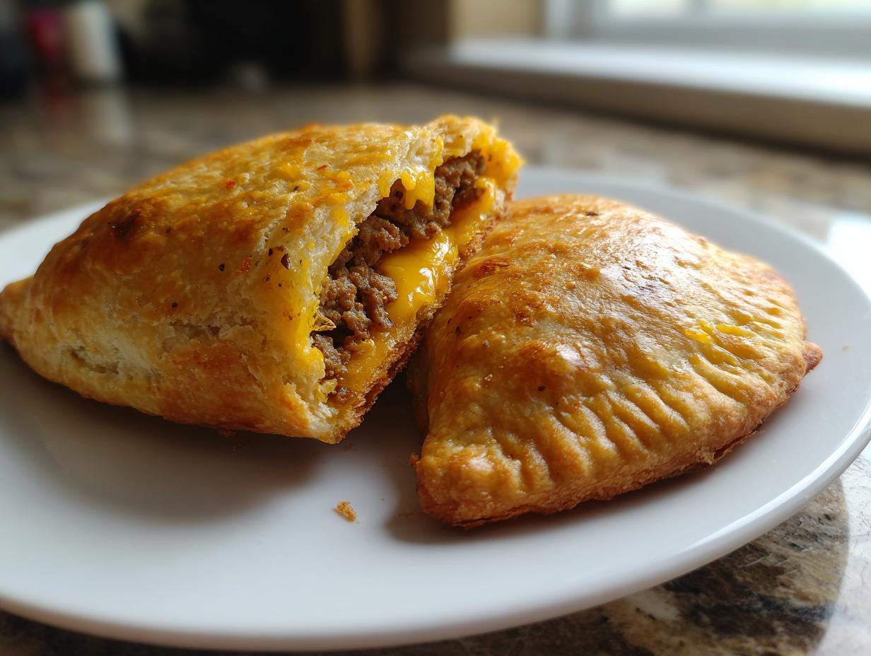 Two golden-brown cheeseburger pockets biscuits on a white plate, one cut open revealing ground beef and melted cheese.
