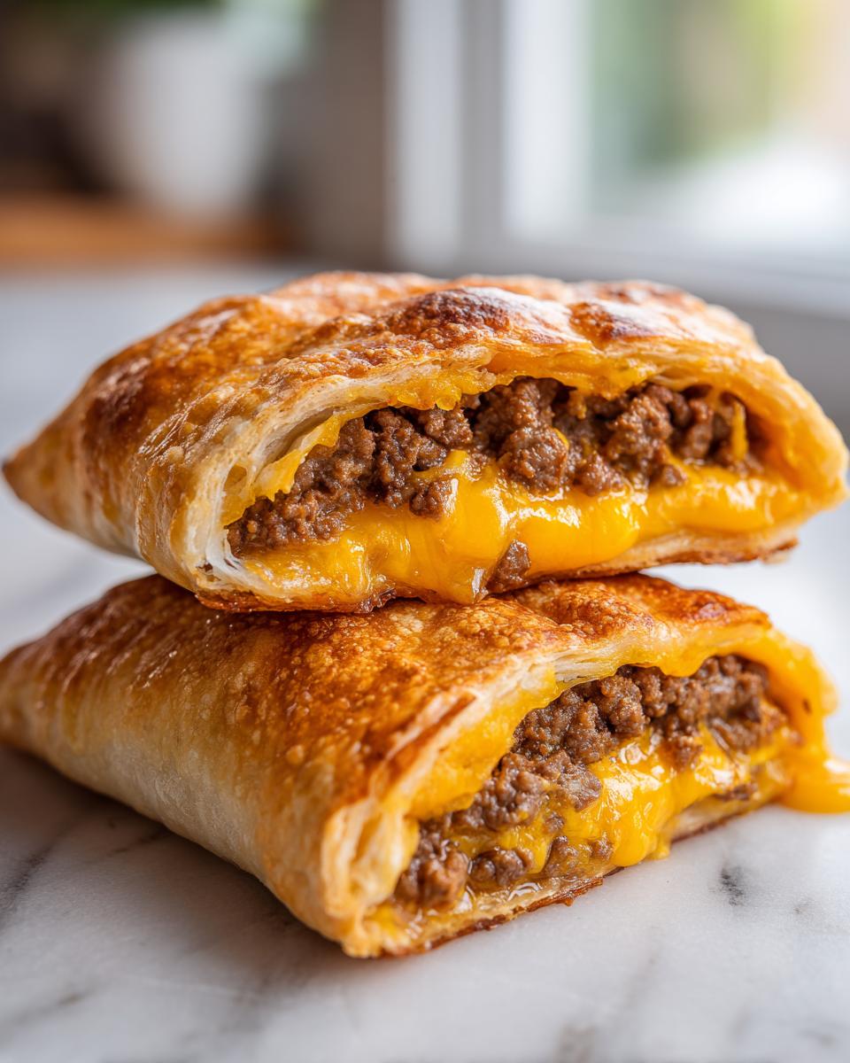 Two halves of baked cheeseburger pockets crescent rolls stacked, showing ground beef filling and melted cheddar cheese.