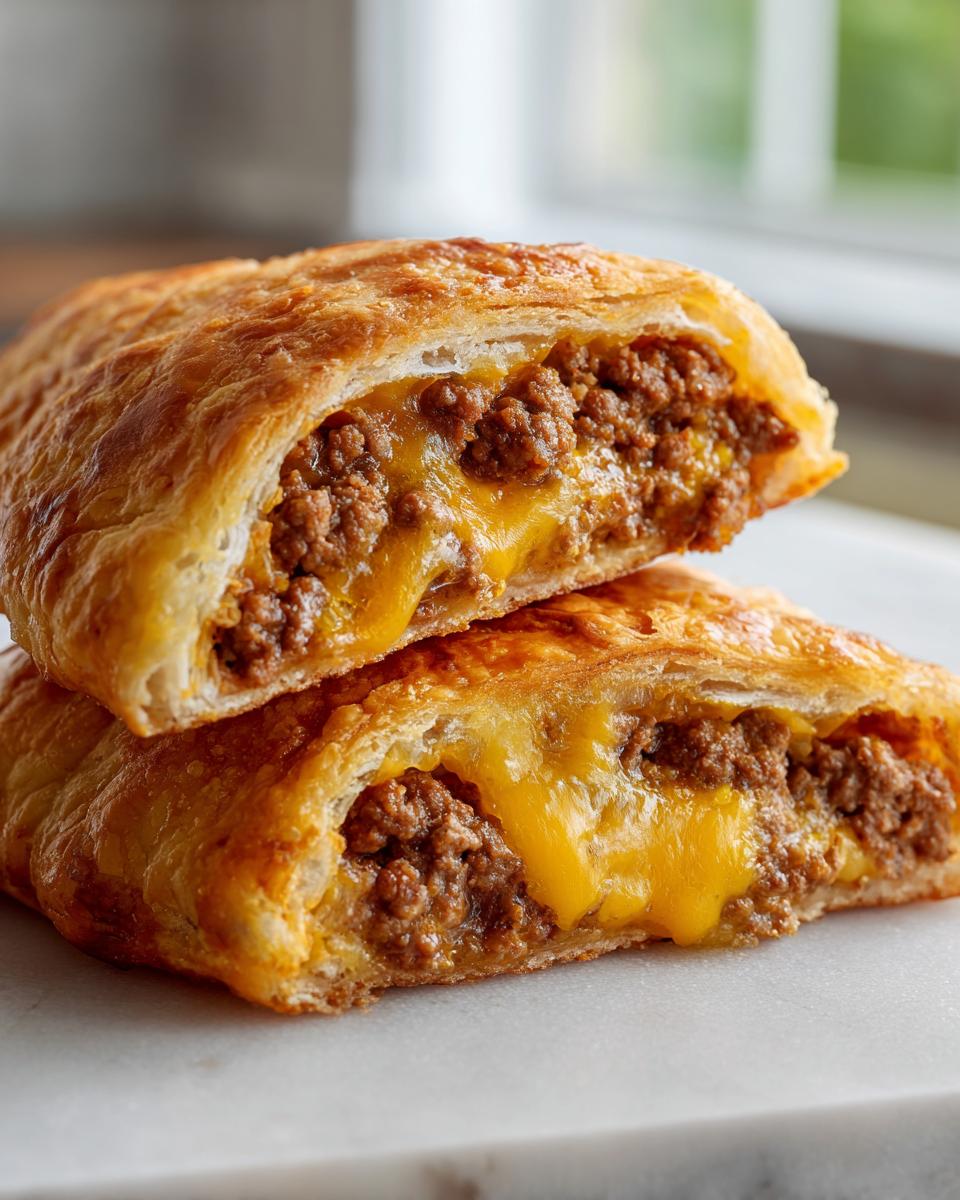 Two halves of a golden baked cheeseburger pockets crescent rolls, showing melted cheese and seasoned ground beef filling.