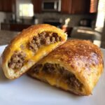 A close-up of cheeseburger pockets crescent rolls cut in half, showing ground beef filling and melted cheddar cheese.
