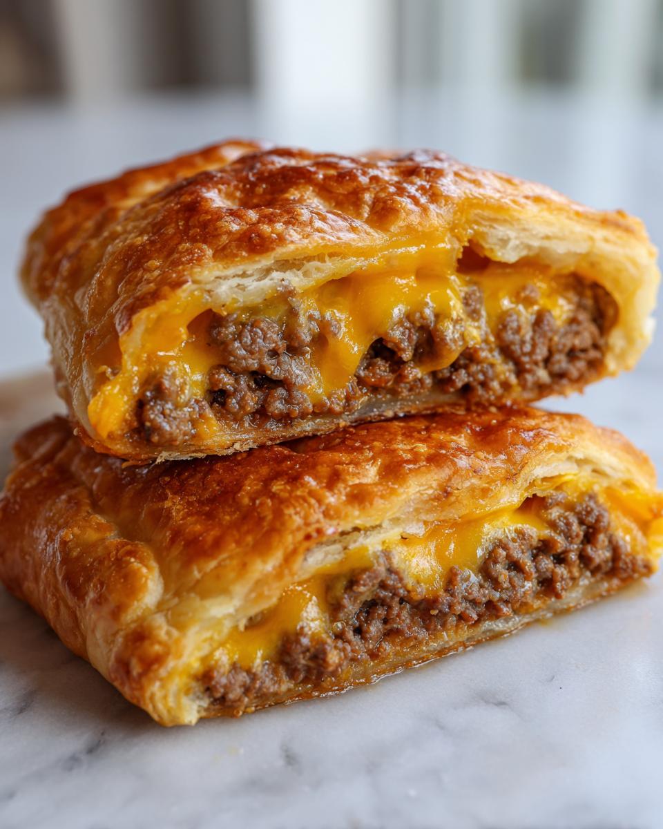 Two halves of a baked cheeseburger pockets crescent rolls stacked, showing melted cheese and seasoned ground beef filling.