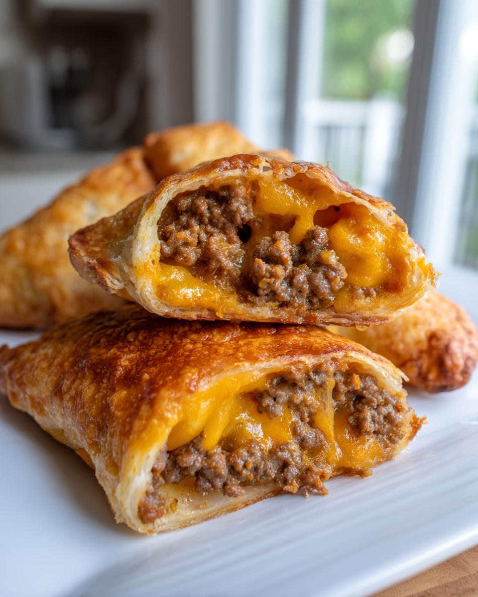 Close-up of cheeseburger pockets crescent rolls cut in half, showing ground beef and melted cheddar cheese filling.