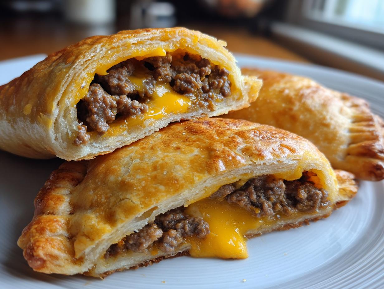 Close-up of cheeseburger pockets crescent rolls cut open showing ground beef and melted cheese filling.