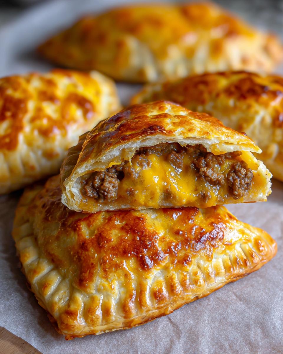 A golden brown cheeseburger pocket cut in half, showing the savory ground beef and melted cheese filling.