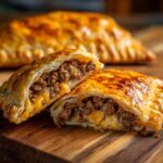 Close-up of cheeseburger pockets cut in half showing seasoned ground beef and melted cheese filling.
