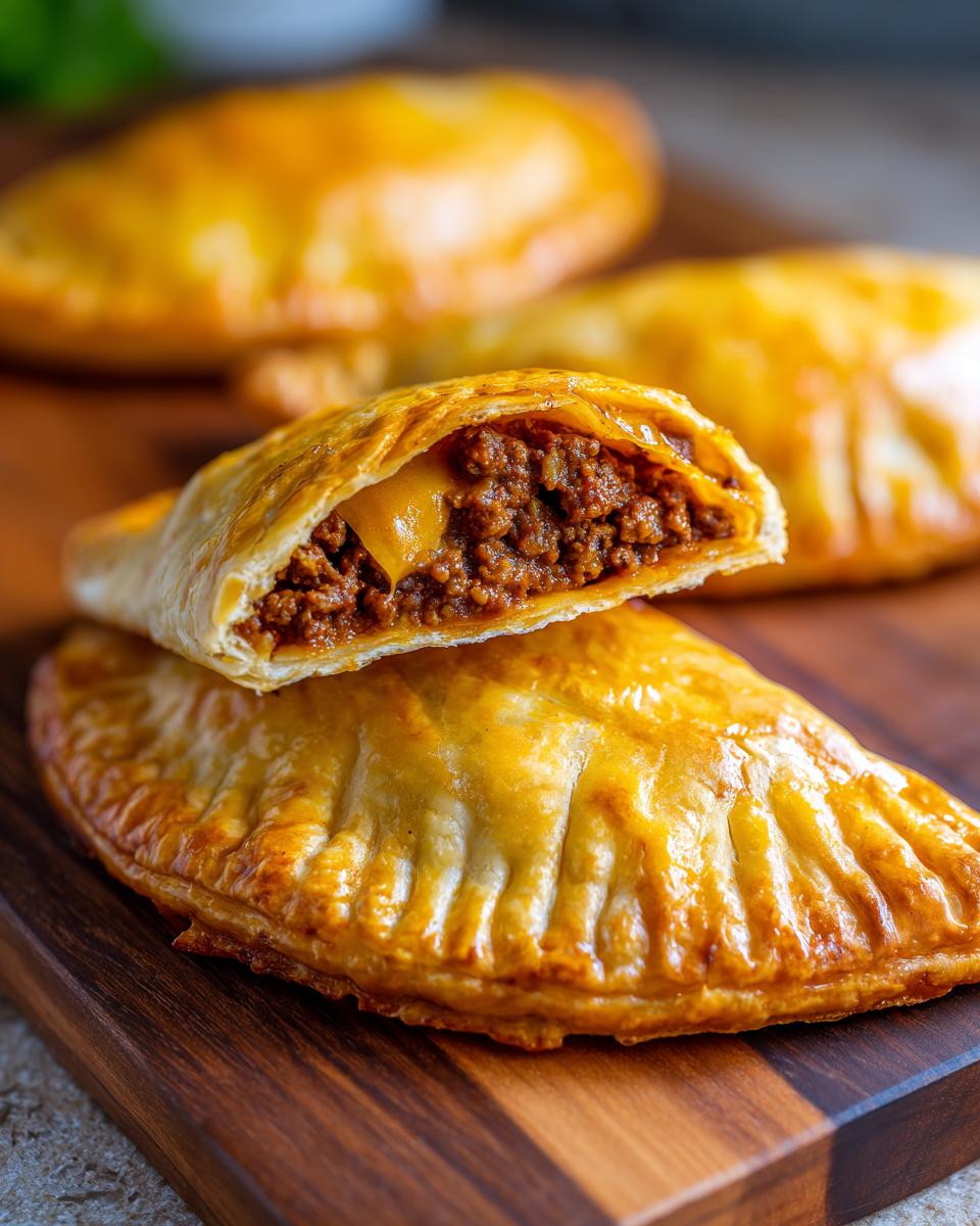 Close-up of a golden-brown cheeseburger pockets, one cut open revealing seasoned ground beef and melted cheese.
