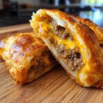 One cheesy cheeseburger pocket cut in half showing ground beef and melted cheese filling.