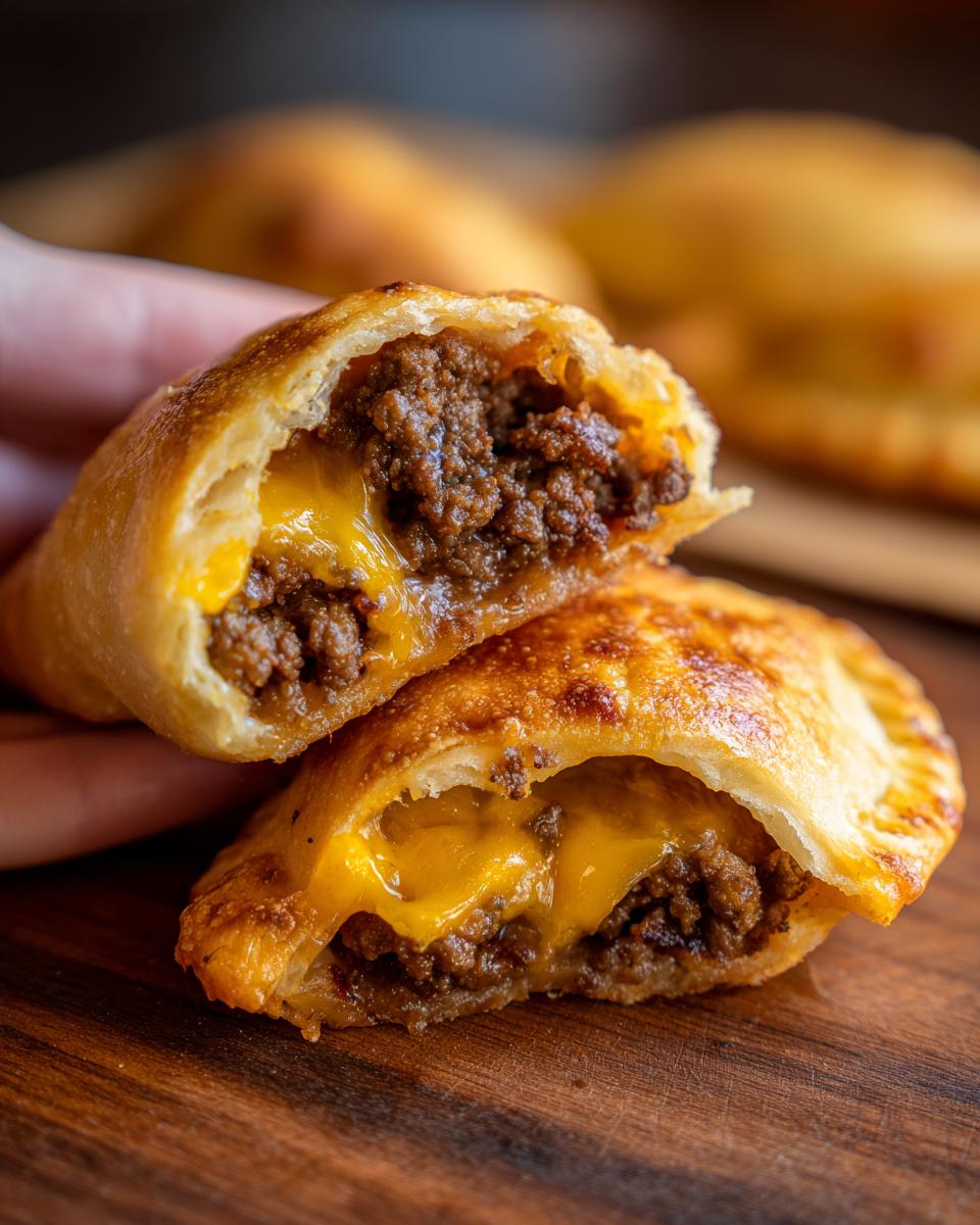 A close-up of a cheesy cheeseburger pockets pastry cut in half, showing seasoned ground beef and gooey melted cheddar cheese.