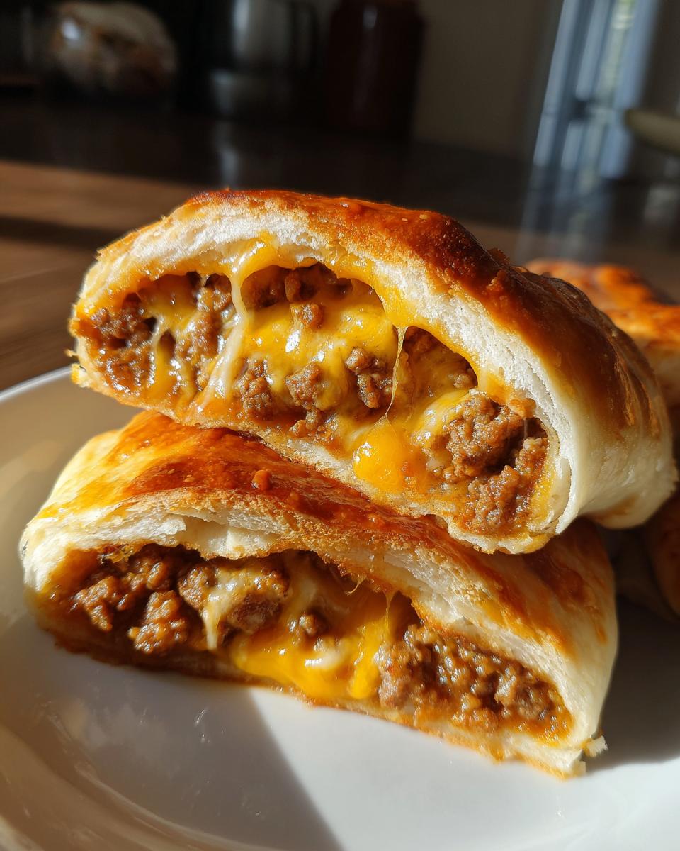 Close-up of cheesy cheeseburger pockets cut open, showing melted cheese stretching between the seasoned ground beef filling and golden crust.