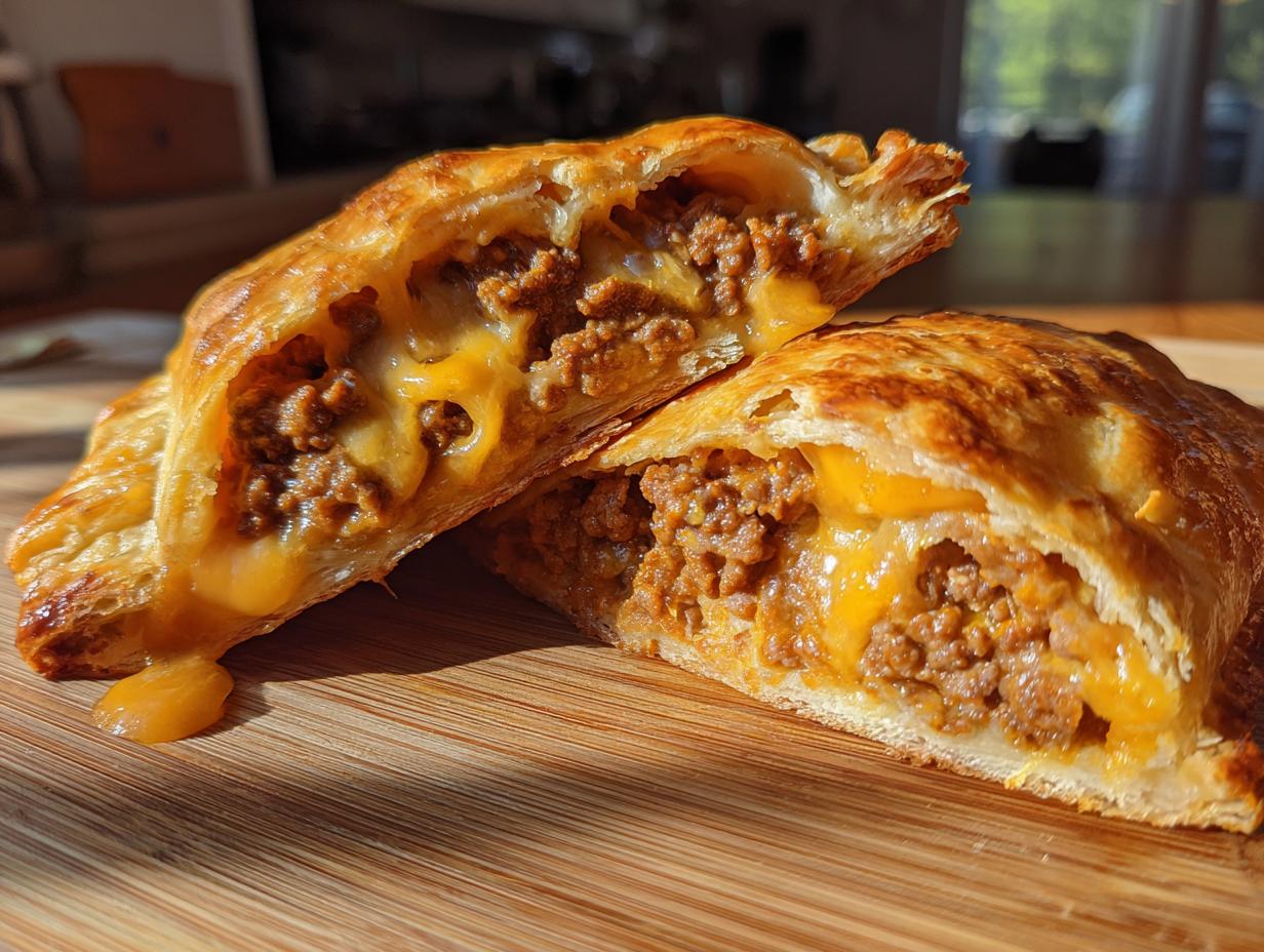 Cross-section view of cheesy cheeseburger pockets showing flaky pastry filled with seasoned ground beef and melted cheddar cheese.