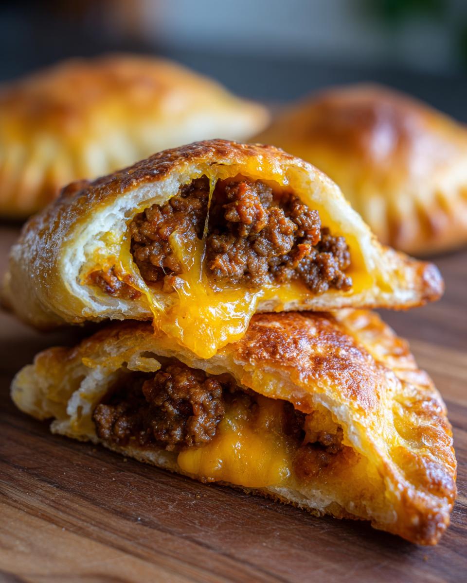 Close-up of a cheesy cheeseburger pockets half showing ground beef filling and melted cheddar cheese.