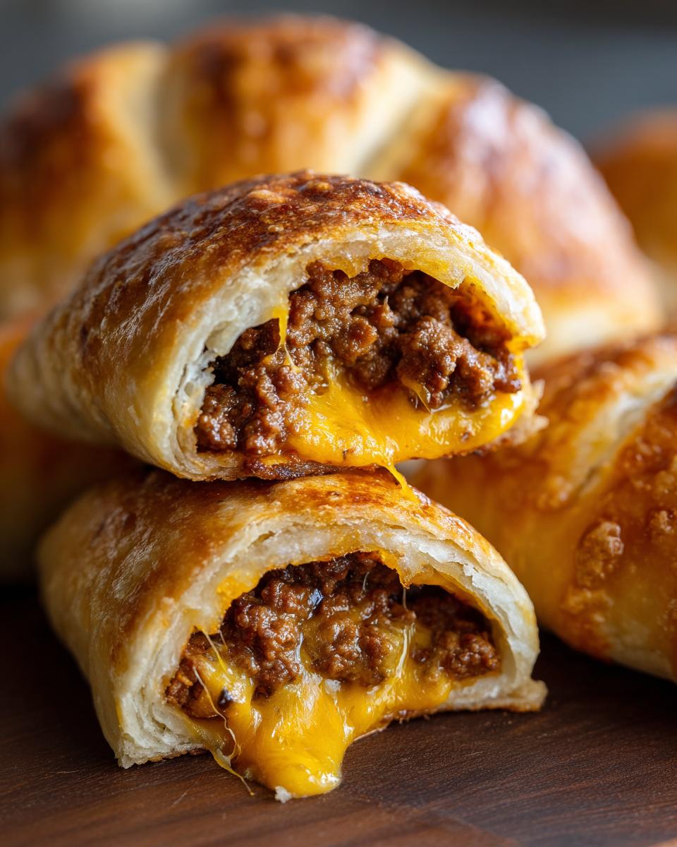 Close-up of cheesy cheeseburger pockets cut in half showing ground beef filling and melted cheddar cheese oozing out.