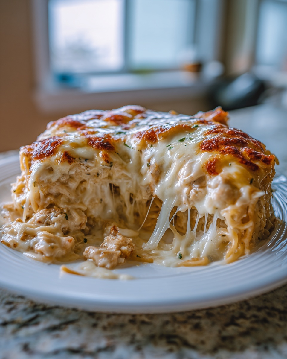 A close-up of cheesy chicken spaghetti bake showing a dramatic cheese pull on a white plate.