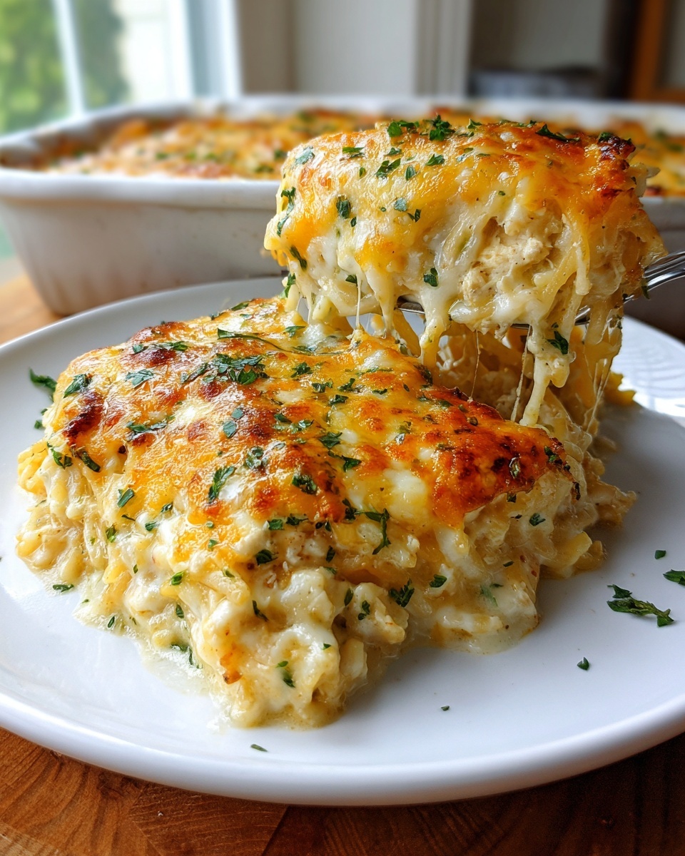 A serving spoon lifts a portion of cheesy chicken spaghetti bake, showing a dramatic cheese pull.