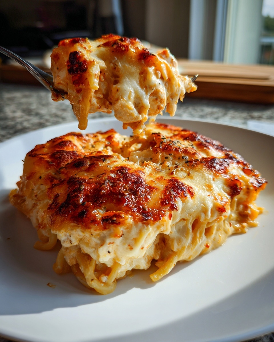 A serving of cheesy chicken spaghetti bake being lifted from the main dish, showing melted, browned cheese topping and creamy noodles.