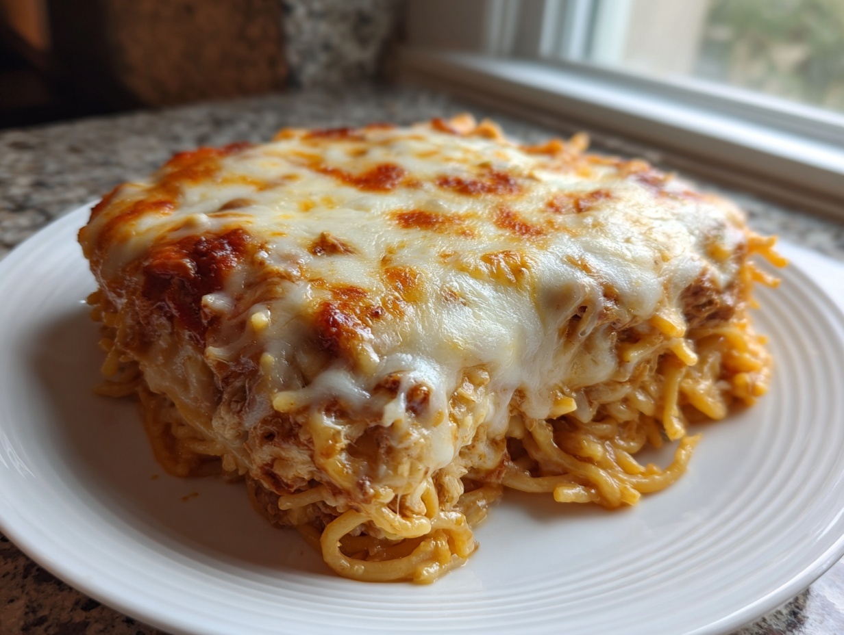 A generous serving of cheesy chicken spaghetti bake topped with melted, browned mozzarella cheese on a white plate.