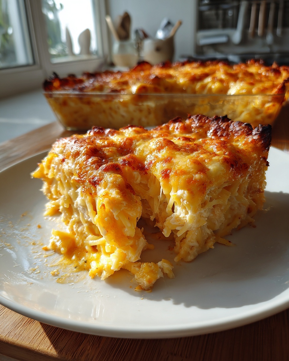 A generous serving of cheesy chicken spaghetti bake on a white plate, showing a rich, golden-brown baked cheese crust.
