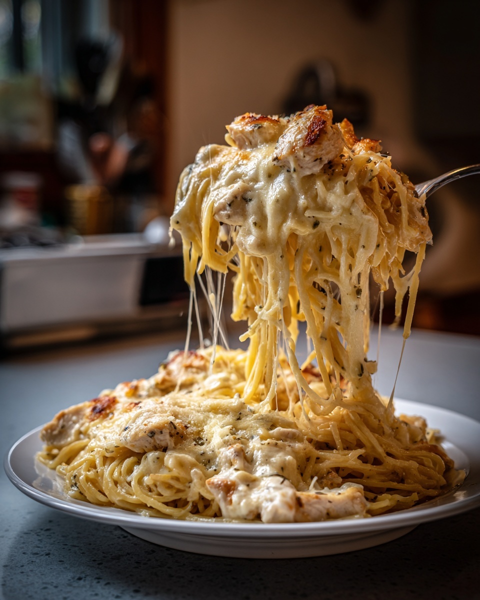A fork lifts a portion of creamy chicken spaghetti casserole, showing long, gooey cheese pulls.