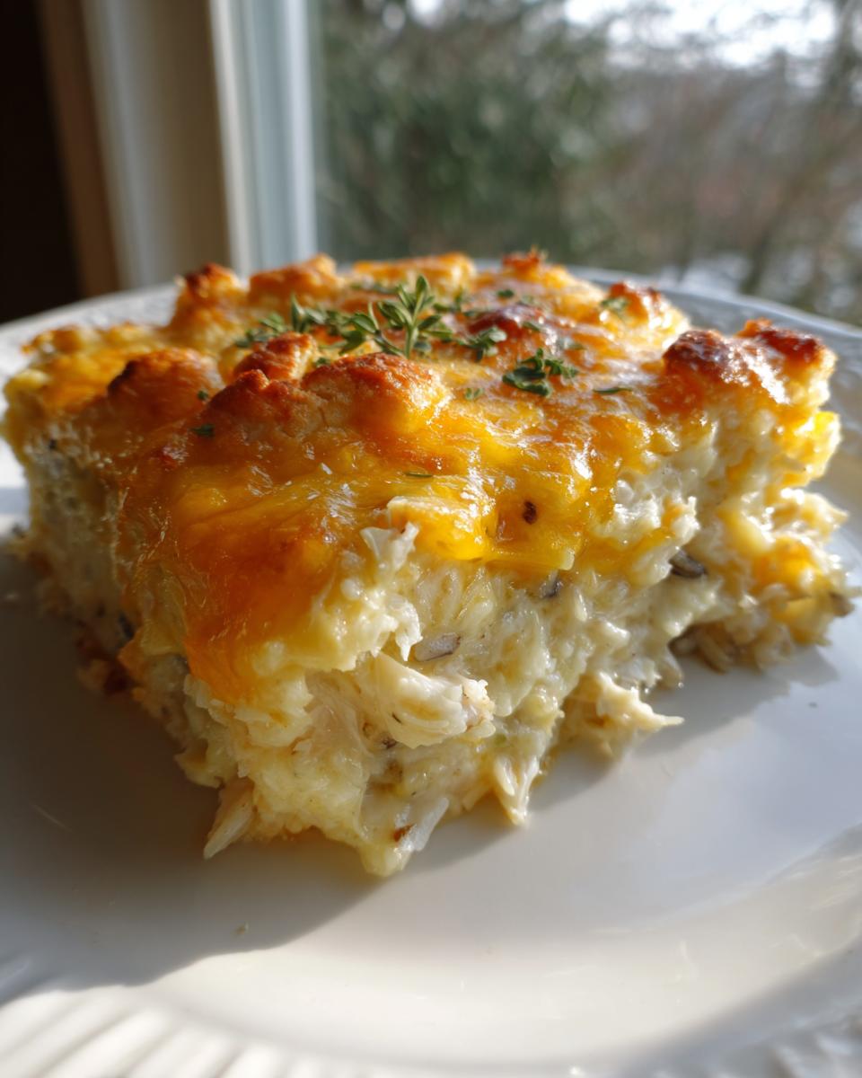A close-up of a serving of creamy chicken wild rice casserole topped with melted cheddar cheese and fresh thyme.