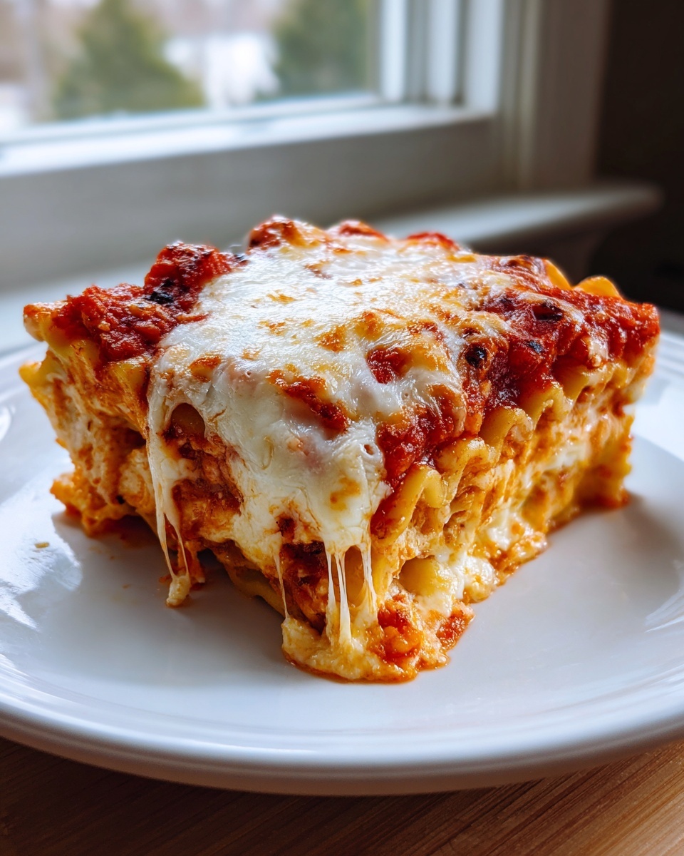 A gooey, cheesy serving of crockpot ravioli lasagna with melted mozzarella dripping down the side.
