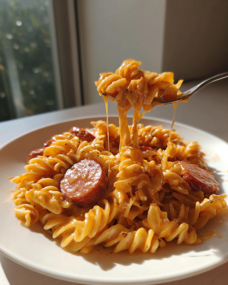 A fork lifting cheesy kielbasa pasta, showing a dramatic cheese pull over a plate of cheesy kielbasa pasta.