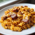 A close-up serving of cheesy kielbasa pasta featuring rotini noodles coated in a rich orange cheese sauce with slices of browned sausage.