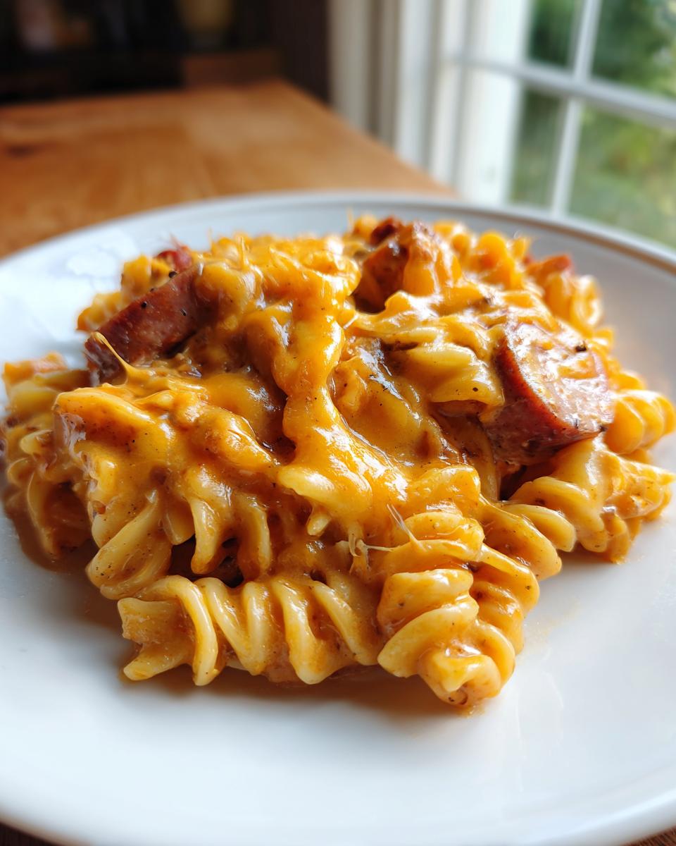 A close-up serving of cheesy kielbasa pasta featuring rotini noodles coated in a rich orange cheese sauce with slices of browned sausage.