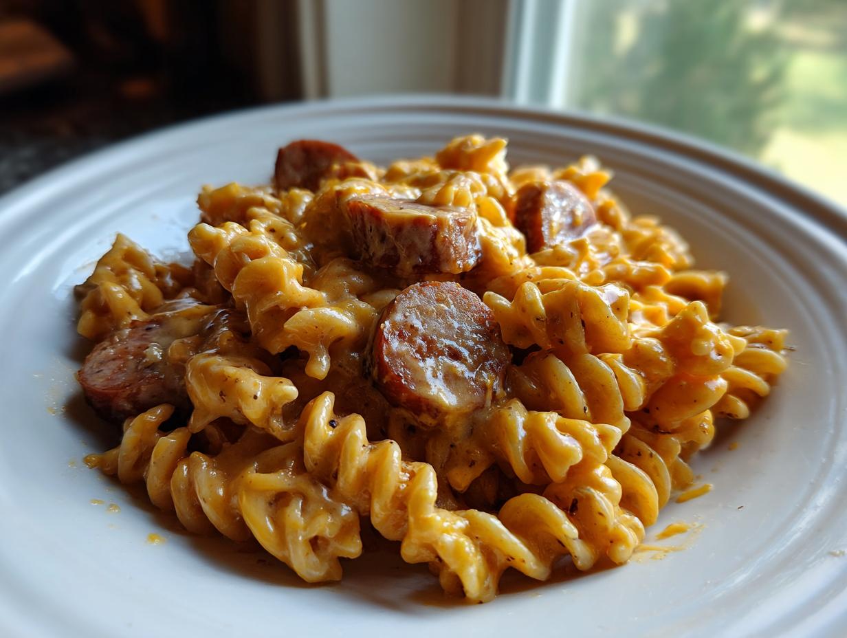 A close-up serving of cheesy kielbasa pasta featuring rotini noodles coated in a rich, orange cheese sauce with sliced sausage.