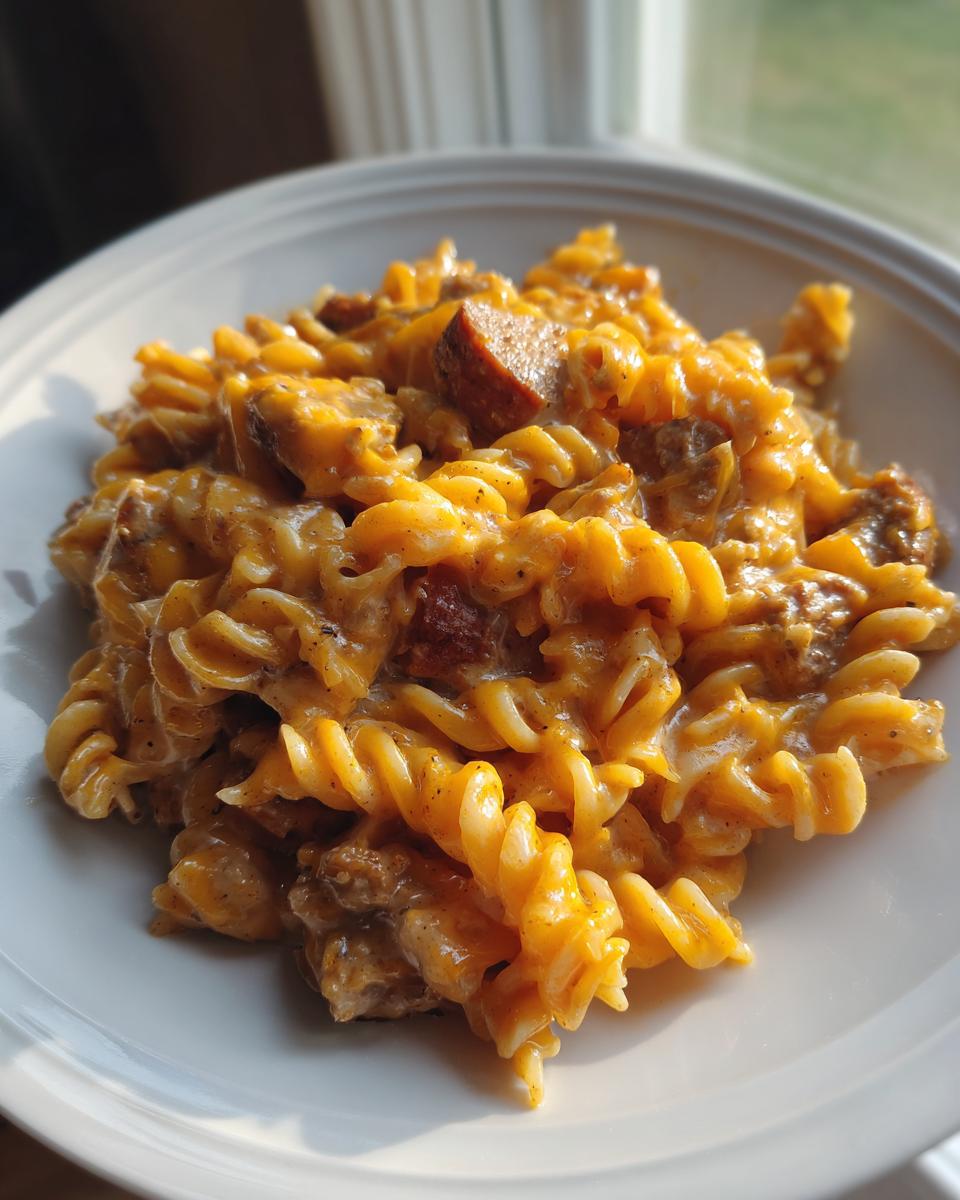 A close-up of cheesy kielbasa pasta made with rotini noodles in a white bowl.