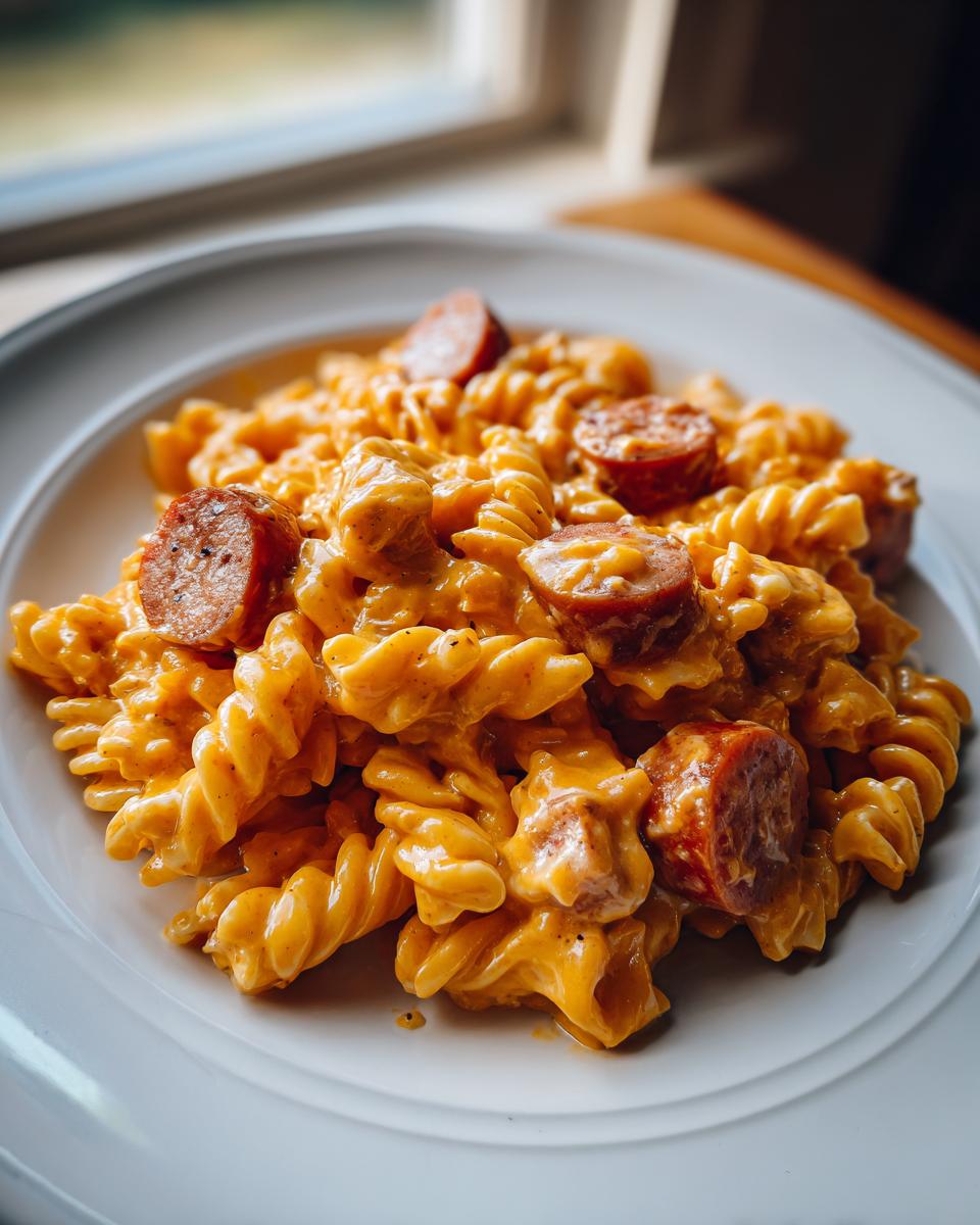 A close-up of cheesy kielbasa pasta made with rotini noodles and sliced smoked sausage.