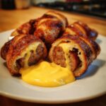 Two pretzel dog bites are cut open showing melted cheese and sausage, served with a side of bright yellow dipping sauce.