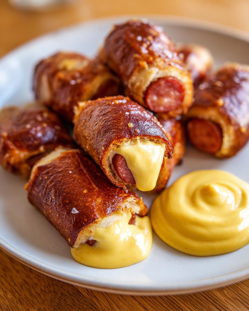 Close-up of warm pretzel dog bites stuffed with sausage and melted cheese, served with a side of bright yellow cheese sauce.