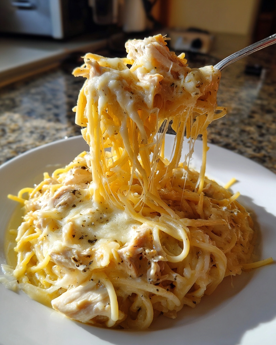 A fork lifts a cheesy, stringy portion of creamy chicken spaghetti casserole from a white bowl.