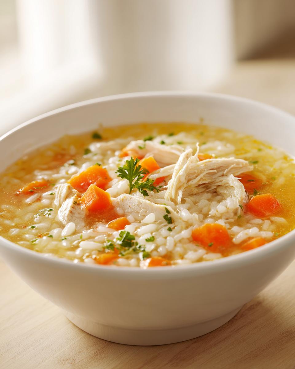 Close-up of a white bowl filled with steaming chicken and rice soup, featuring shredded chicken, white rice, and bright orange carrots.