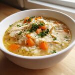 Close-up of a white bowl filled with steaming chicken and rice soup, featuring shredded chicken, diced carrots, and fresh parsley.