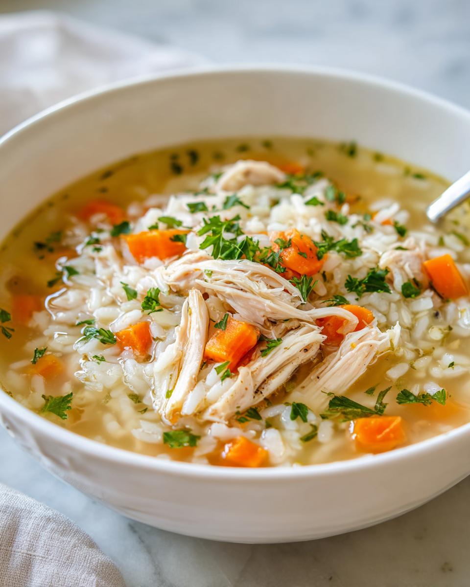 Close-up of a white bowl filled with steaming chicken and rice soup, featuring shredded chicken, diced carrots, and parsley.